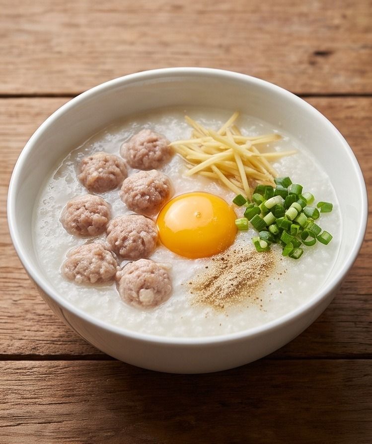 โจ๊กหมูหนึ่งชามบนโต๊ะไม้ ลูกหมูสับปั้นก้อนเรียงด้านซ้าย ไข่แดงอยู่ตรงกลาง ขิงซอยเส้นและต้นหอมซอยโรยด้านขวา เหยาะพริกไทยป่นด้านหน้า