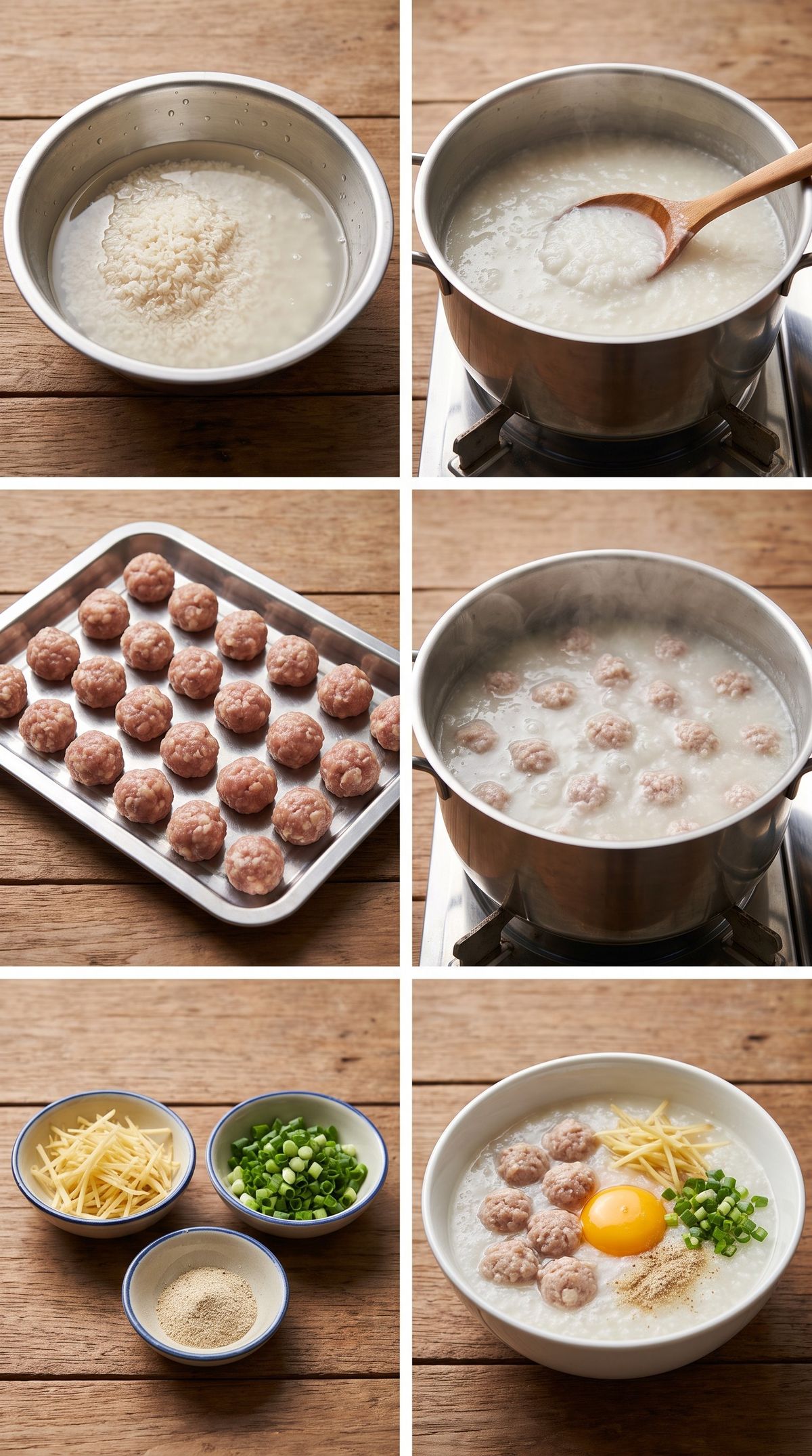 ภาพ 6 ช่องแสดงขั้นตอนทำโจ๊กหมู ซาวข้าวหักในกะละมัง ต้มโจ๊กในหม้อสแตนเลส ปั้นหมูสับเป็นก้อนเรียงในถาด ลวกลูกหมูในหม้อโจ๊กที่เดือด ถ้วยขิงซอย ต้นหอมซอย พริกไทยป่น และชามโจ๊กหมูที่เสร็จแล้ว