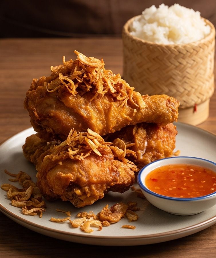 ไก่ทอดหาดใหญ่สุก 3 ชิ้นโรยหอมเจียวกรอบบนจานเซรามิก ข้างจานมีกระติ๊บข้าวเหนียวนึ่งและน้ำจิ้มไก่