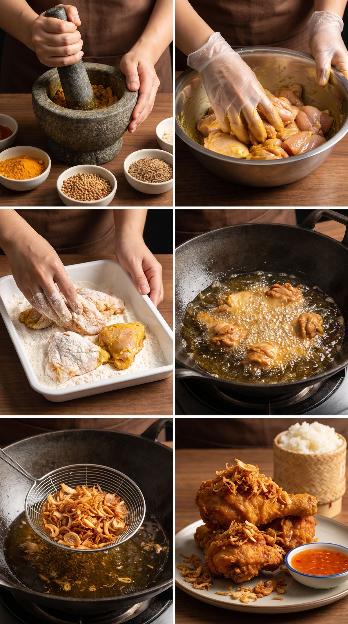 ภาพ 6 ช่องแสดงขั้นตอนทำไก่ทอดหาดใหญ่ โขลกเครื่องเทศในครกหิน นวดไก่หมักสีเหลืองขมิ้นในอ่างสแตนเลส คลุกแป้งในถาดขาว ทอดไก่ในกระทะเหล็กน้ำมันท่วม ตักหอมเจียวขึ้นด้วยกระชอน และไก่ทอดโรยหอมเจียวบนจานคู่ข้าวเหนียวกับน้ำจิ้มไก่