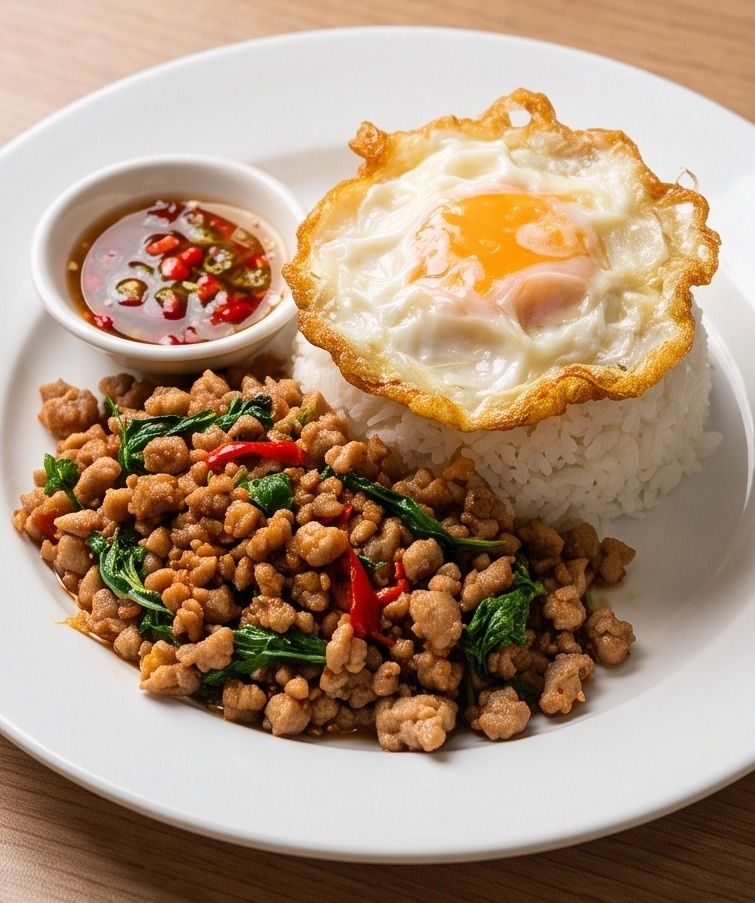 กะเพราหมูสับราดข้าวบนจานแบนสีขาว ข้าวสวยเป็นโดม ไข่ดาวขอบกรอบวางบนยอดข้าว และถ้วยพริกน้ำปลาข้างจาน