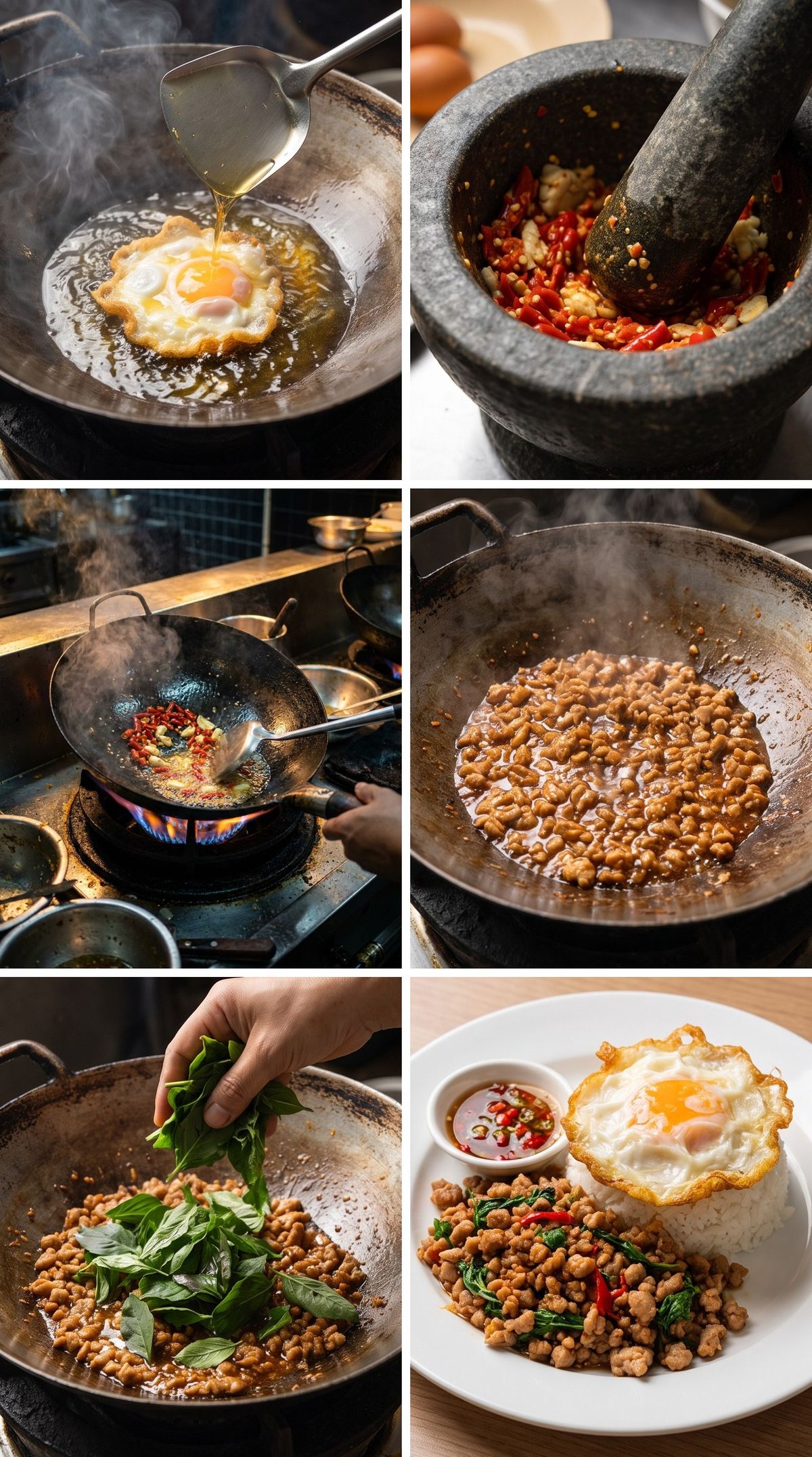 ภาพ 6 ช่องแสดงขั้นตอนทำกะเพราหมูสับไข่ดาว ทอดไข่ดาวในน้ำมันท่วมแล้วตักน้ำมันราดหน้าไข่ โขลกกระเทียมกับพริกในครก ผัดกระเทียมพริกในกระทะ ผัดหมูสับให้ซอสเคลือบ ใส่ใบกะเพรา และกะเพราหมูสับราดข้าวไข่ดาวที่จัดจานเสร็จ