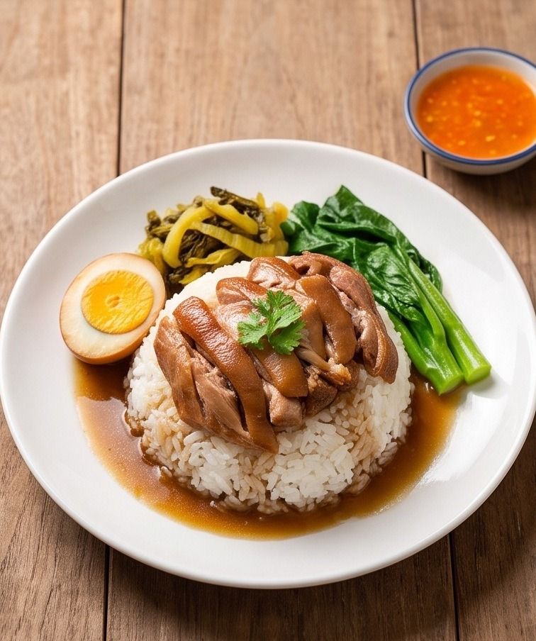 ข้าวขาหมูหนึ่งจาน ข้าวสวยเป็นโดม เนื้อและหนังขาหมูวางบนข้าว ไข่พะโล้ผ่าครึ่งข้างข้าว ผักกาดดองและคะน้าลวกวางด้านหลัง ถ้วยน้ำจิ้มส้มข้างจาน