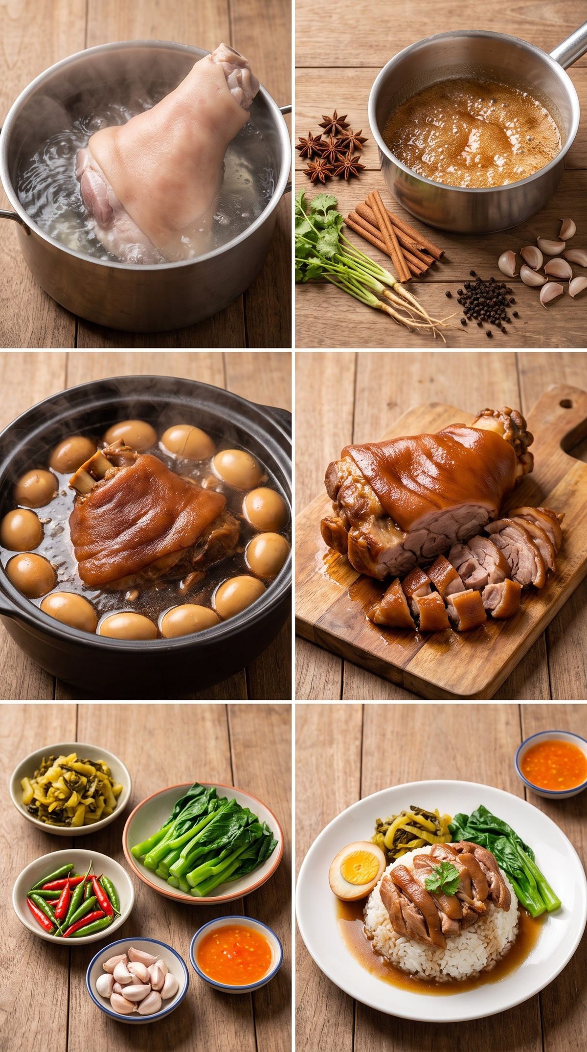ภาพ 6 ช่องแสดงขั้นตอนทำข้าวขาหมู ลวกขาหมูทั้งขาในหม้อน้ำเดือด เคี่ยวน้ำตาลคาราเมลพร้อมเครื่องเทศ ตุ๋นขาหมูในน้ำพะโล้กับไข่ต้ม หั่นขาหมูบนเขียง จัดเครื่องเคียงผักกาดดองคะน้าและน้ำจิ้มส้ม และจานข้าวขาหมูเสร็จ
