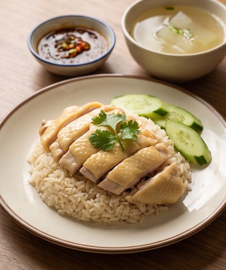 ข้าวมันไก่บนจานแบน ไก่ต้มสับหนังเหลืองเรียงพาดบนโดมข้าวมัน ผักชีบนไก่ แตงกวาข้างจาน ถ้วยน้ำจิ้มเต้าเจี้ยวและถ้วยซุปฟัก