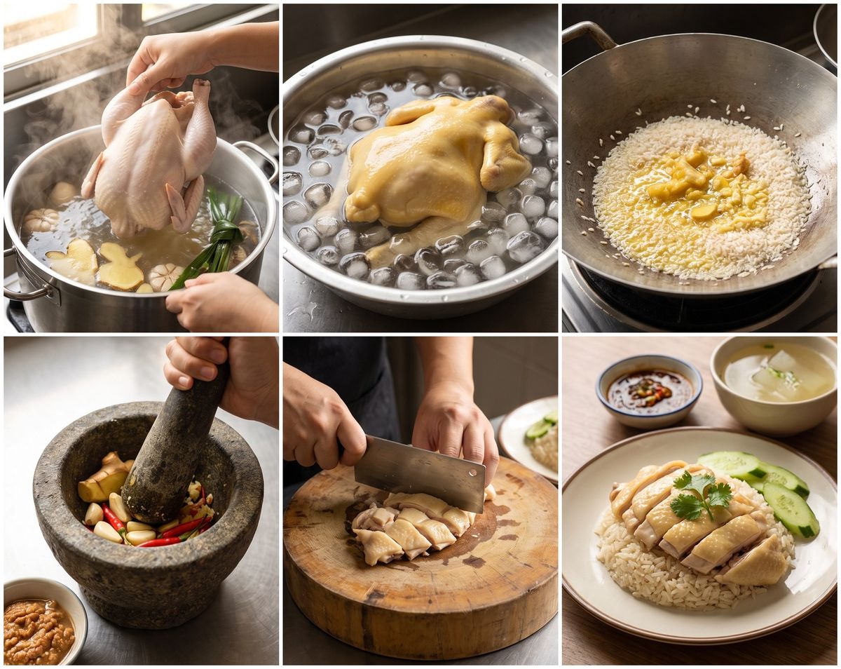 ภาพ 6 ช่องแสดงขั้นตอนทำข้าวมันไก่ ต้มไก่ทั้งตัวในหม้อกับขิงและใบเตย ยกไก่แช่น้ำแข็ง ผัดข้าวสารกับมันไก่ในกระทะ โขลกน้ำจิ้มเต้าเจี้ยวในครก สับไก่บนเขียง และข้าวมันไก่ที่จัดจานเสร็จ