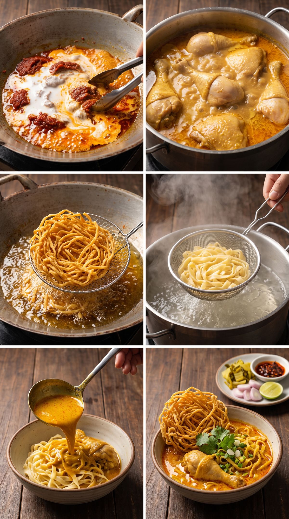 ภาพ 6 ช่องแสดงขั้นตอนทำข้าวซอยไก่ ผัดพริกแกงกับกะทิในกระทะ เคี่ยวน่องไก่ในน้ำแกงกะทิ ทอดเส้นบะหมี่จนกรอบ ลวกเส้นด้วยตะกร้อ ราดน้ำแกงลงชาม และข้าวซอยไก่เสร็จพร้อมเครื่องเคียง