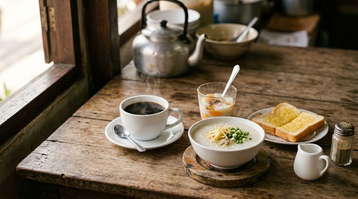 กาแฟดำร้อนวางคู่กับโจ๊กโรยขิงและต้นหอม ไข่ลวกในแก้ว ขนมปังปิ้งเนย และเหยือกนมเล็ก บนโต๊ะไม้ข้างหน้าต่างของร้านอาหารเช้า