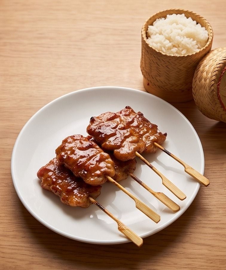 หมูปิ้งสุกหนึ่งจาน เสียบไม้ 3 ไม้ ผิวสีน้ำตาลทองเป็นมัน ข้างจานมีกระติบข้าวเหนียวนึ่ง