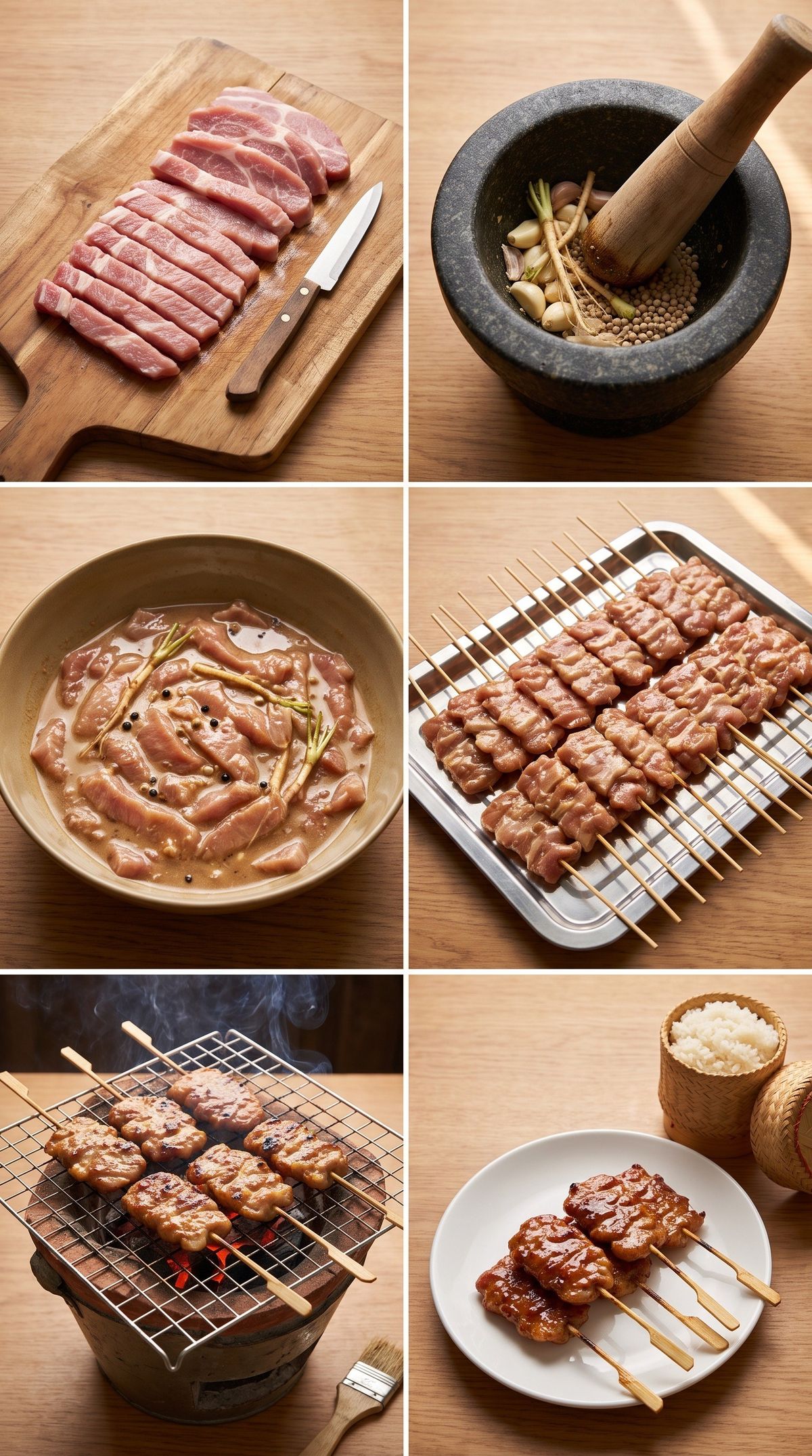 ภาพ 6 ช่องแสดงขั้นตอนทำหมูปิ้ง หมูสันคอหั่นชิ้นบางบนเขียง โขลกรากผักชีกระเทียมพริกไทยในครก หมูหมักในชามน้ำหมักสีน้ำตาลอ่อน หมูเสียบไม้เรียงบนถาดสแตนเลส ย่างบนตะแกรงเตาถ่านพร้อมแปรงทากะทิ และหมูปิ้งสุกบนจานคู่ข้าวเหนียว