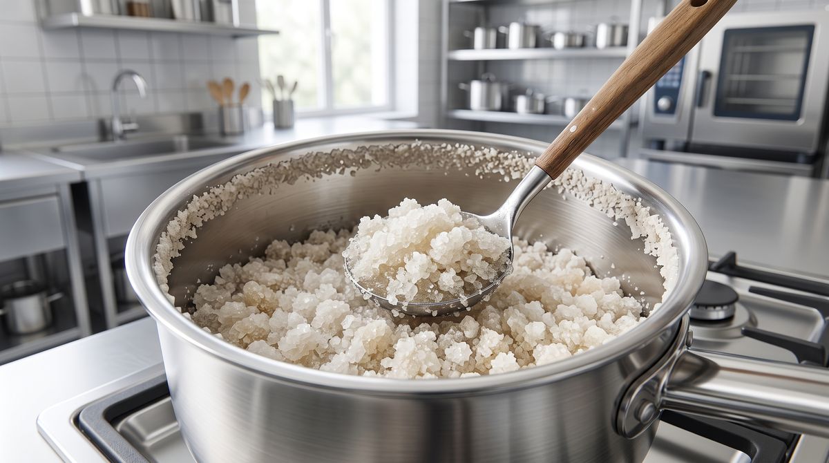 หม้อสเตนเลสบนเตาที่น้ำตาลในหม้อจับตัวเป็นก้อนเกล็ดขาวขุ่นเหมือนทรายแทนที่จะเป็นน้ำเชื่อมใส มีทัพพีด้ามไม้ตักขึ้นมาให้เห็นเนื้อหยาบเป็นเม็ด และมีเกล็ดน้ำตาลเกาะเป็นแนวรอบขอบหม้อ