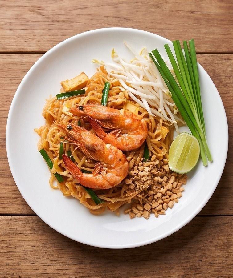 ผัดไทยกุ้งสดหนึ่งจาน กุ้งตัวโตสองตัววางบนเส้น ถั่วลิสงป่นกองข้างเส้น มีถั่วงอก ใบกุยช่าย และมะนาวซีกวางที่ขอบจาน