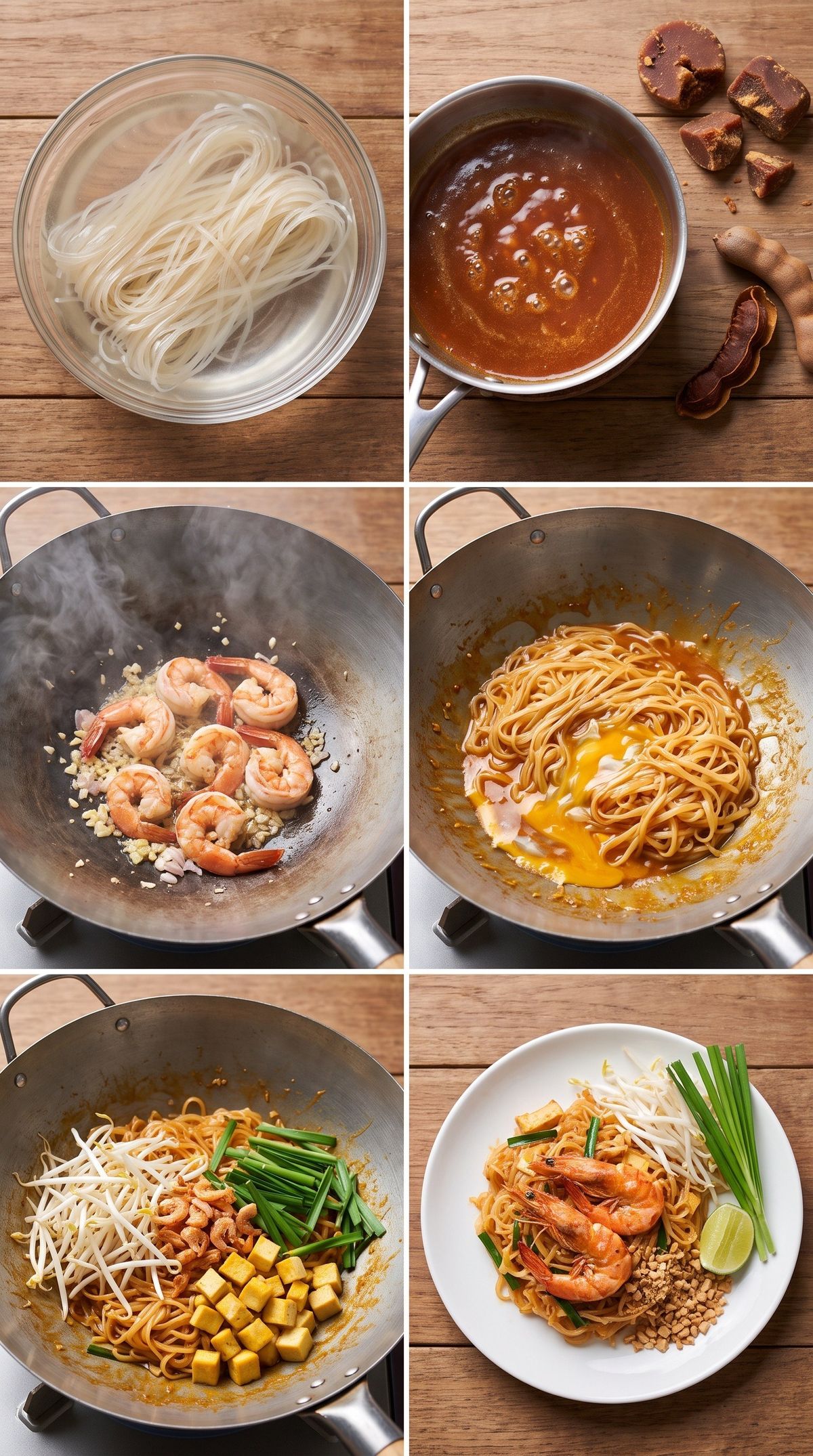 ภาพ 6 ช่องแสดงขั้นตอนทำผัดไทยกุ้งสด แช่เส้นในชามแก้ว เคี่ยวซอสผัดไทยสีน้ำตาลแดงข้างน้ำตาลปี๊บและมะขามเปียก ผัดกุ้งสดกับหอมแดงในกระทะ ตอกไข่ใส่เส้นและราดซอส ใส่ถั่วงอก กุยช่าย เต้าหู้ กุ้งแห้ง และจานผัดไทยเสร็จพร้อมเครื่องเคียง