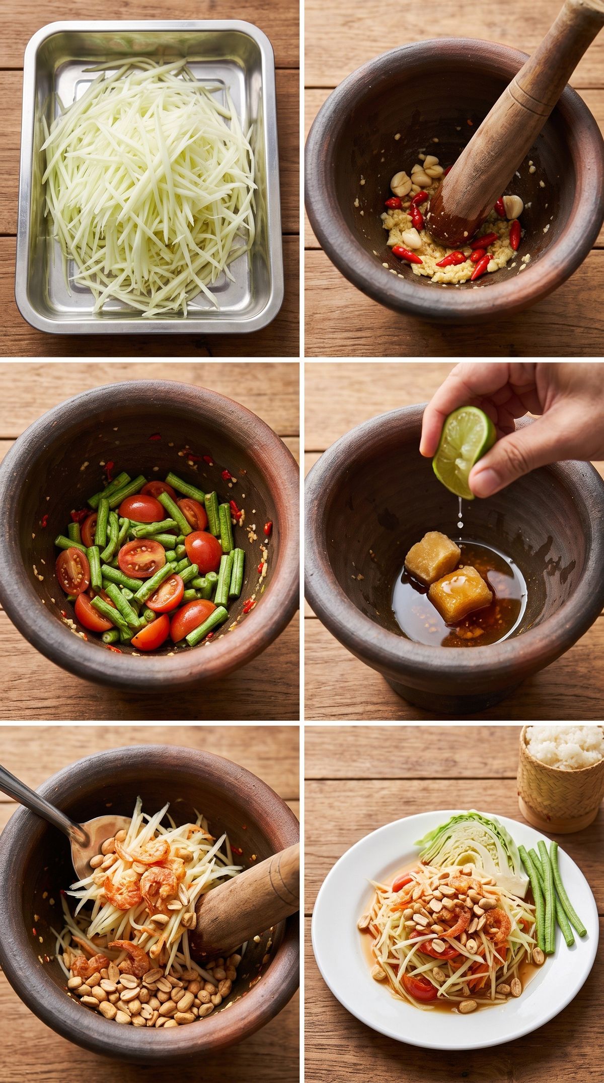 ภาพ 6 ช่องแสดงขั้นตอนทำส้มตำไทย ขูดมะละกอดิบเป็นเส้นในถาดสแตนเลส โขลกกระเทียมพริกในครกดินเผา ใส่ถั่วฝักยาวและมะเขือเทศผ่าซีก ปรุงน้ำตาล น้ำปลา มะนาว คลุกเส้นมะละกอกับกุ้งแห้งและถั่วลิสง และจานส้มตำเสร็จ