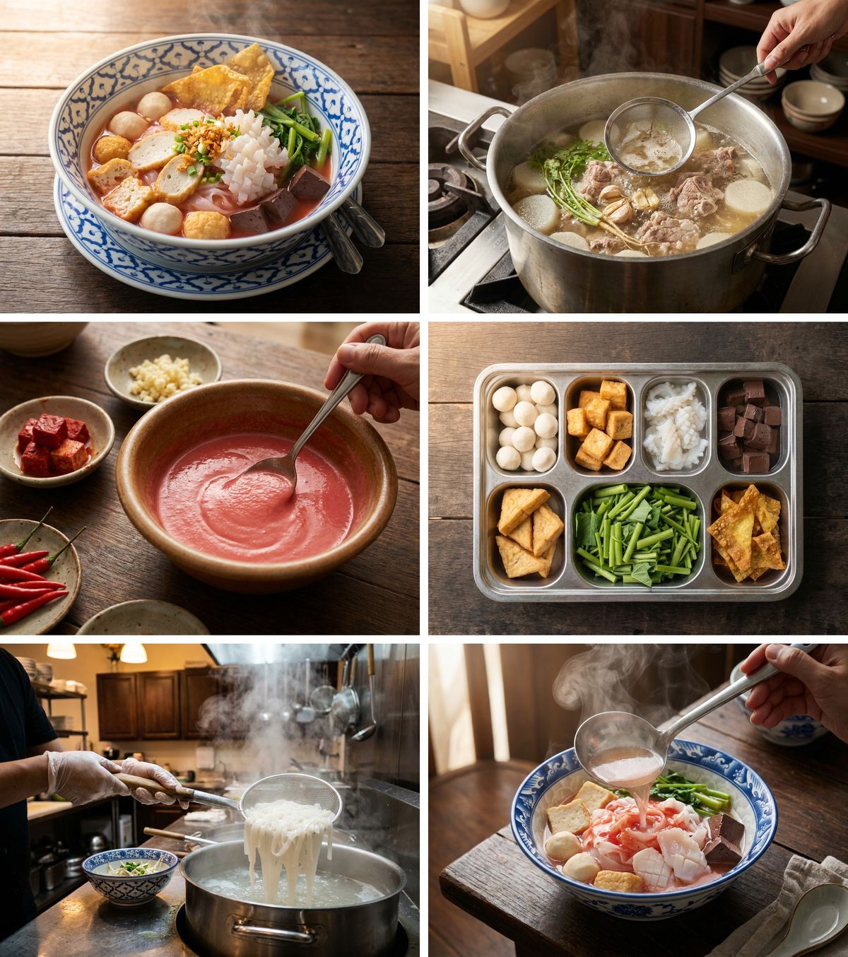ภาพ 6 ช่องแสดงการทำเย็นตาโฟ เย็นตาโฟเสร็จหนึ่งชาม เคี่ยวน้ำซุปกระดูกหมูในหม้อ เคี่ยวซอสเย็นตาโฟสีชมพู เครื่องลูกชิ้นปลา หมึกกรอบ และเลือดหมู ลวกเส้นใหญ่ด้วยตะกร้อ และประกอบชามราดน้ำซุป
